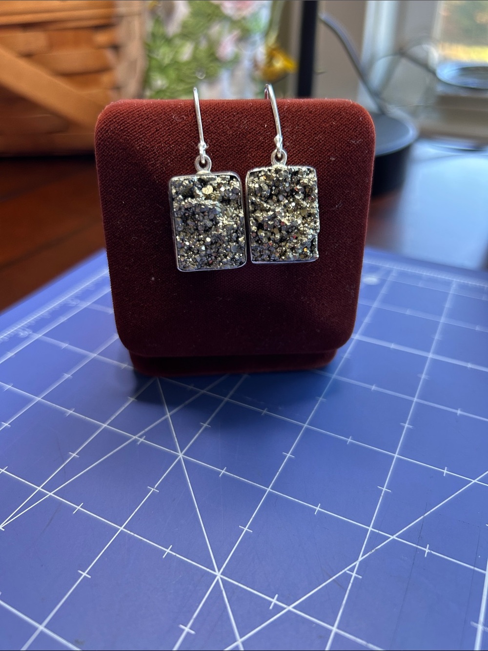 Arya Esha pave’ pierced earrings with crystal druzy geodes sparkly pyrite.